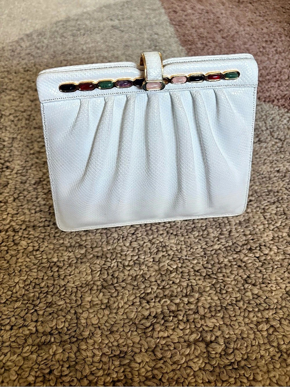 Judith Leiber White Leather Jeweled Clutch
